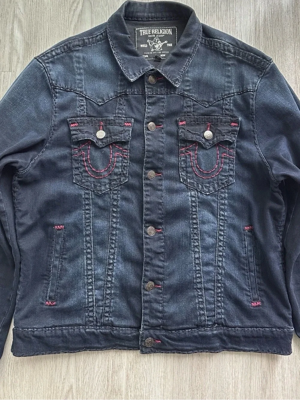 True Religion Dark Blue Denim Jacket with Pink Stitch Accents